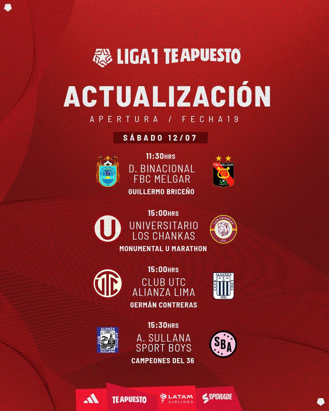 Horarios de los encuentros del sábado 12 de julio en el marco de la fecha 19 del Torneo Apertura de la Liga 1 2025.
