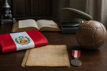 Una bandera doblada de Perú, un manuscrito antiguo, una medalla, un balón de cuero, un libro abierto y una gorra militar sobre una mesa.