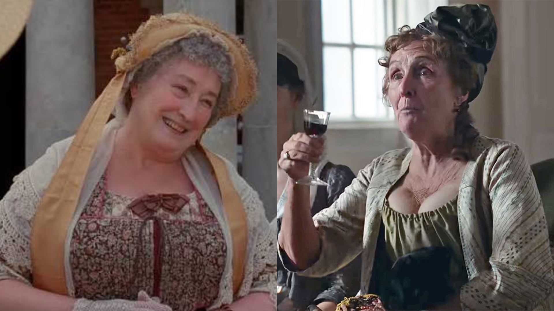 Fiona Shaw como la locuaz Mrs. Jennings en la versión de 2026. En la adaptación de Ang Lee, el papel correspondió a Elizabeth Spriggs.(Sony Pictures/Universal Pictures)