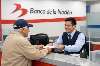 Un empleado bancario sonriente entrega documentos a un adulto mayor en una ventanilla del Banco de la Nación, con el logo de la entidad visible al fondo.
