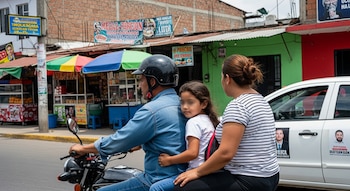 Hombre con casco conduciendo motocicleta con una niña y una mujer sin casco en San Salvador. Fondo urbano con puestos de comida, carteles en español y un coche blanco.