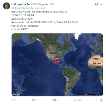 Captura de pantalla de un tuit de Hidrografía Perú. Muestra un mapa con un marcador de epicentro en Chiapas, México, y texto con datos de un sismo 7.4 Mw