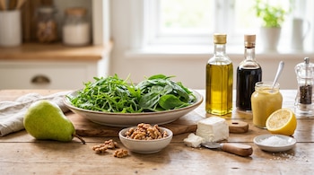 Una pera, rúcula, espinaca, nueces, queso de cabra, aceite, vinagre, mostaza, medio limón, sal y pimentero en una mesa de madera.