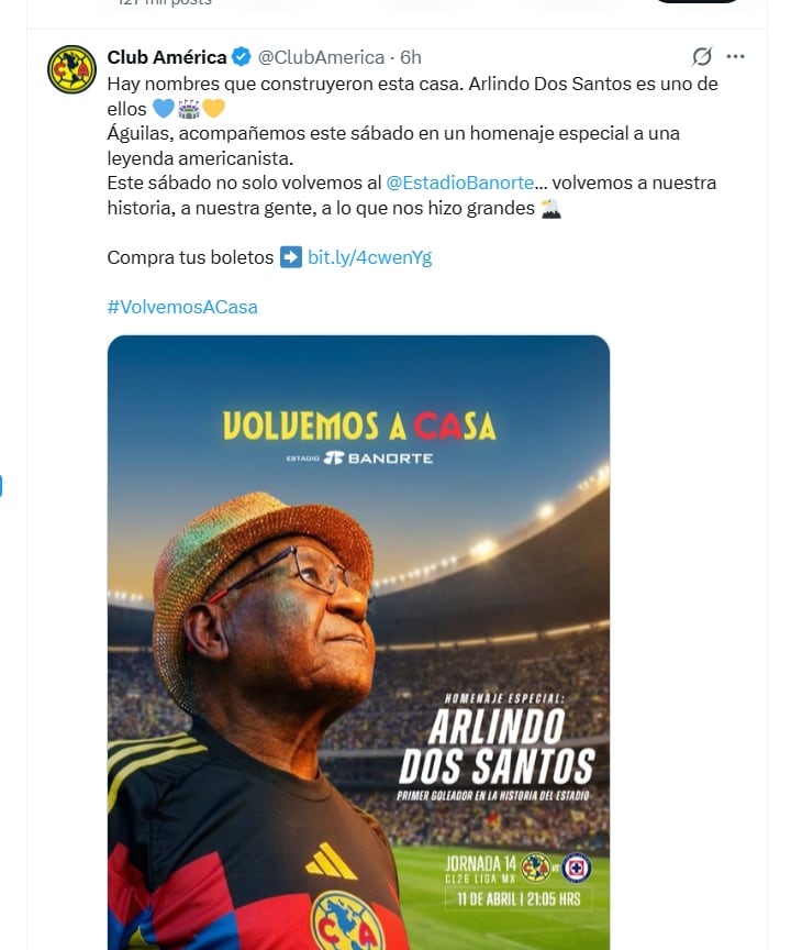 América homenajeará a Arlindo Dos Santos (X/ @ClubAmerica)