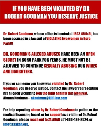 Texto en inglés en un fondo blanco que informa sobre acusaciones de abuso contra el Dr. Robert Goodman y ofrece contactos de ayuda
