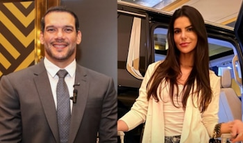 Montaje fotográfico que muestra a un hombre sonriente en traje a la izquierda y a una mujer con cabello oscuro y blazer claro junto a un auto a la derecha