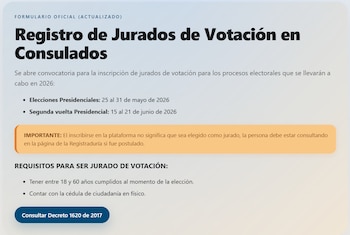Para las personas que deseen participar se deben inscribir en el formulario web y revisar la página de la Registraduría para saber si fue designado - crédito Jurados Cancillería / captura de pantalla
