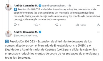 Publicación de Andrés Camacho Morales, ministro de Minas y Energía - crédito @AndresCamachoM_