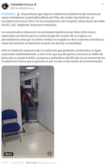 Periodista se encadenó en un hospital de Cali por la cirugía cardíaca de su esposo - crédito @ColombiaOscura/X