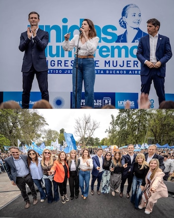 Una mujer habla ante un micrófono flanqueada por dos hombres y, debajo, varios dirigentes políticos posan en un escenario al aire libre