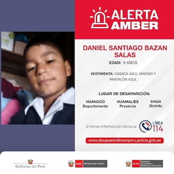 Cartel Alerta Amber rojo y blanco con foto de niño, datos de desaparición, vestimenta, lugar Huánuco, contactos y logos del Gobierno de Perú