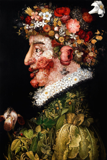 Busto de perfil compuesto por flores en el rostro y la cabeza, con un cuello de margaritas y vestimenta de hojas verdes sobre fondo negro