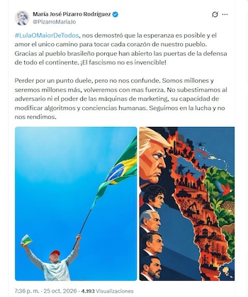 María José Pizarro celebró la victoria del mandatario brasileño y sostuvo que el resultado demuestra que las fuerzas progresistas pueden mantener el respaldo popular frente a sus adversarios políticos - crédito @PizarroMariaJo/X