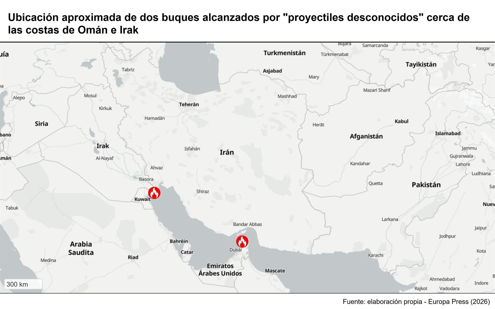 Alcanzados dos buques por "proyectiles desconocidos" cerca de las costas de Omán e Irak