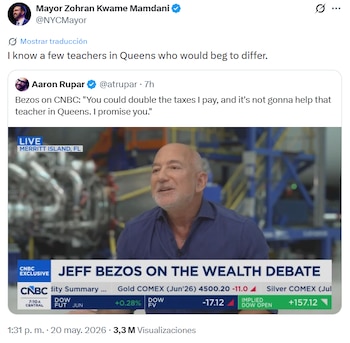 Captura de pantalla de un tweet mostrando a Jeff Bezos en una entrevista de CNBC con el titular 'Jeff Bezos sobre el Debate de la Riqueza'
