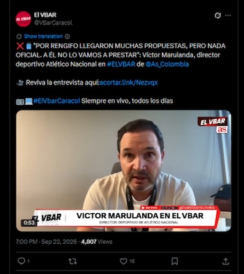 El talento de Juan Manuel Rengifo despertó la atención de diversos equipos según la dirección deportiva de Atlético Nacional-crédito @VBarCaracol/X
