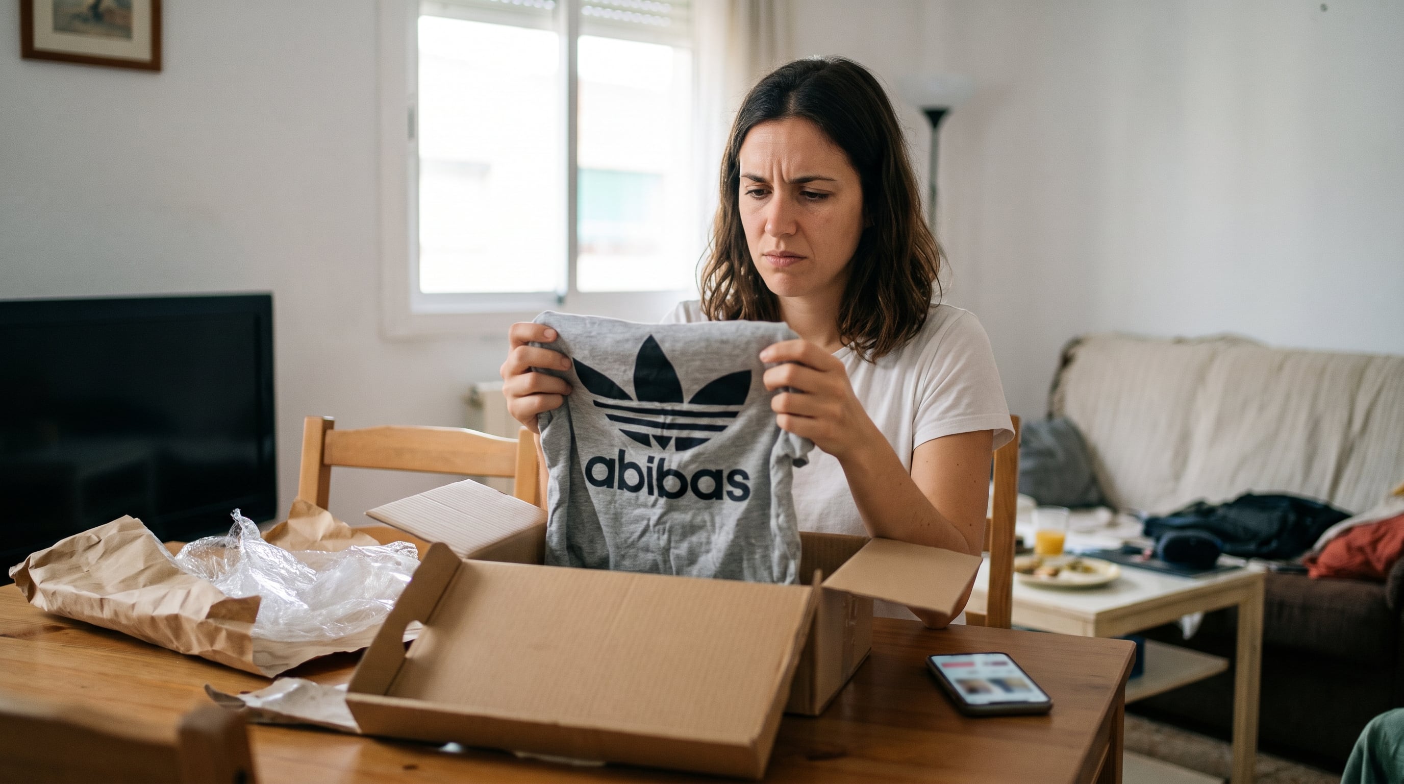 Una mujer joven abre un paquete en el que hay una camiseta que compró online y es una falsificación de la marca Adidas: pone