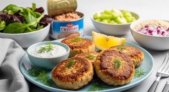 Primer plano de tortitas de atún doradas con eneldo en plato azul. Incluye limón, salsa de eneldo, ensalada, atún enlatado, apio, cebolla morada y avena.