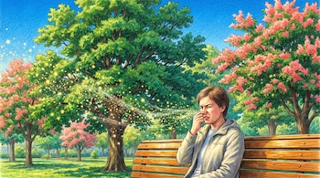 Dibujo de una persona sentada en un banco tapándose la nariz ante una ráfaga de polen entre árboles con flores verdes y rosas.