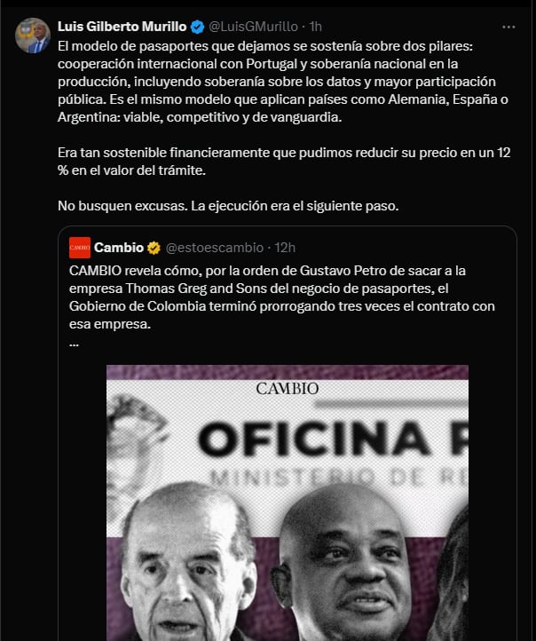El excanciller opinó sobre decisión de no continuar con la empresa a Thomas Greg and Sons en el proceso de licitación- crédito @LuisGMurillo/X