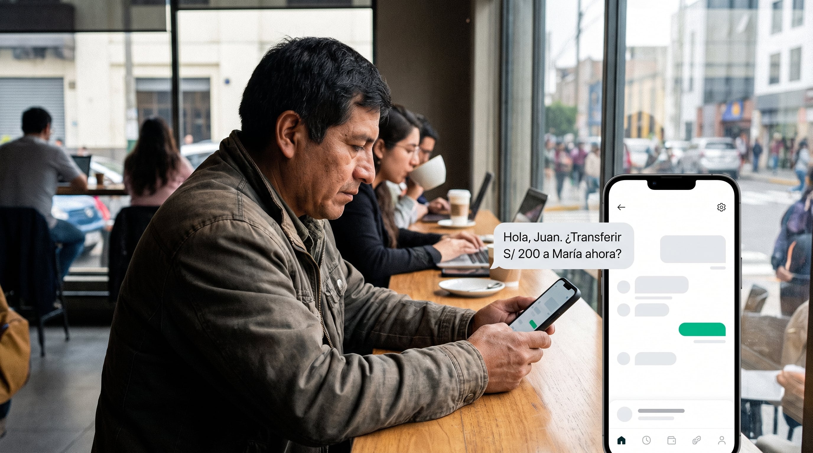 Un cliente gestiona una transferencia de dinero mediante una aplicación móvil en una cafetería de Lima, en el marco de la evolución de la banca digital en el Perú. (Imagen Ilustrativa Infobae)
