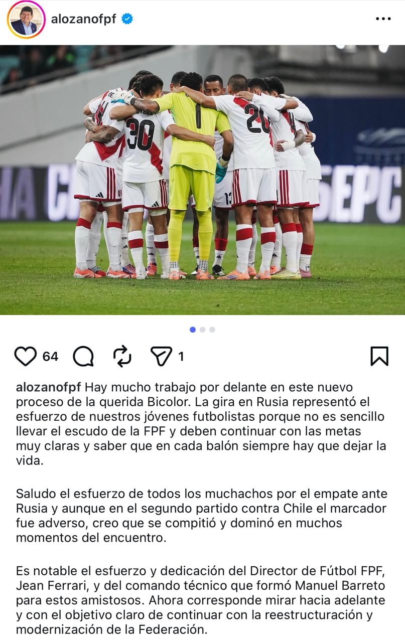 La publicación de Agustín Lozano luego de los amistosos de Perú ante Rusia y Chile. - captura: Instagram Agustín Lozano