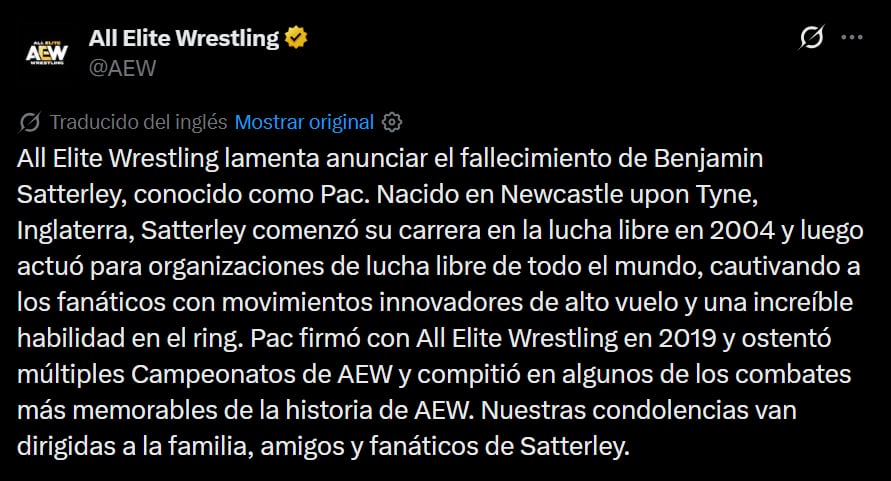 Una publicación oficial de All Elite Wrestling informa sobre el fallecimiento del luchador británico Benjamin Satterley, conocido en el cuadrilátero como Pac (Captura de video)