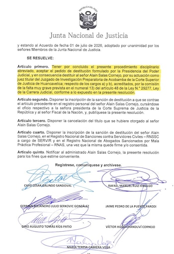 Documento oficial de la Junta Nacional de Justicia de Perú con resolución de destitución de un juez, texto en español y varias firmas