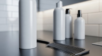 Un envase blanco de mousse, tres botellas de productos de cuidado capilar, un peine negro sobre una encimera oscura, y una pared de azulejos blancos con iluminación.