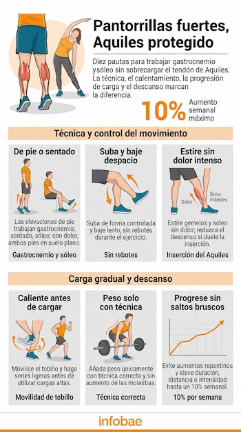 Infografía con diagramas de ejercicios físicos, textos informativos y el logotipo de Infobae en la parte inferior.