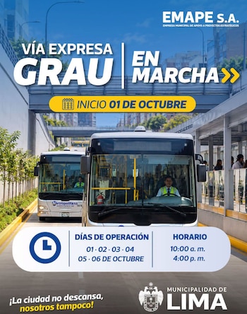 El Metropolitano inicia hoy, 1 de octubre, sus pruebas con pasajeros en el nuevo corredor de la Vía Expresa Grau, etapa que se extenderá hasta el martes 6 - Créditos: Emape.