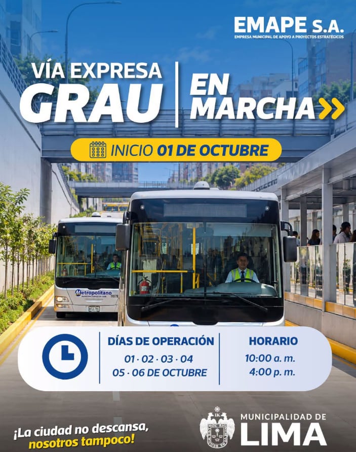 El Metropolitano inicia hoy, 1 de octubre, sus pruebas con pasajeros en el nuevo corredor de la Vía Expresa Grau, etapa que se extenderá hasta el martes 6 - Créditos: Emape.