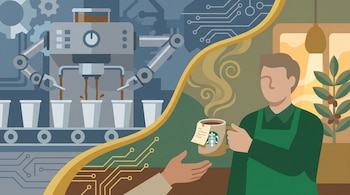 Ilustración dividida: máquina de café robótica sirviendo tazas a la izquierda; a la derecha, un barista de Starbucks entrega una taza de café con una nota.