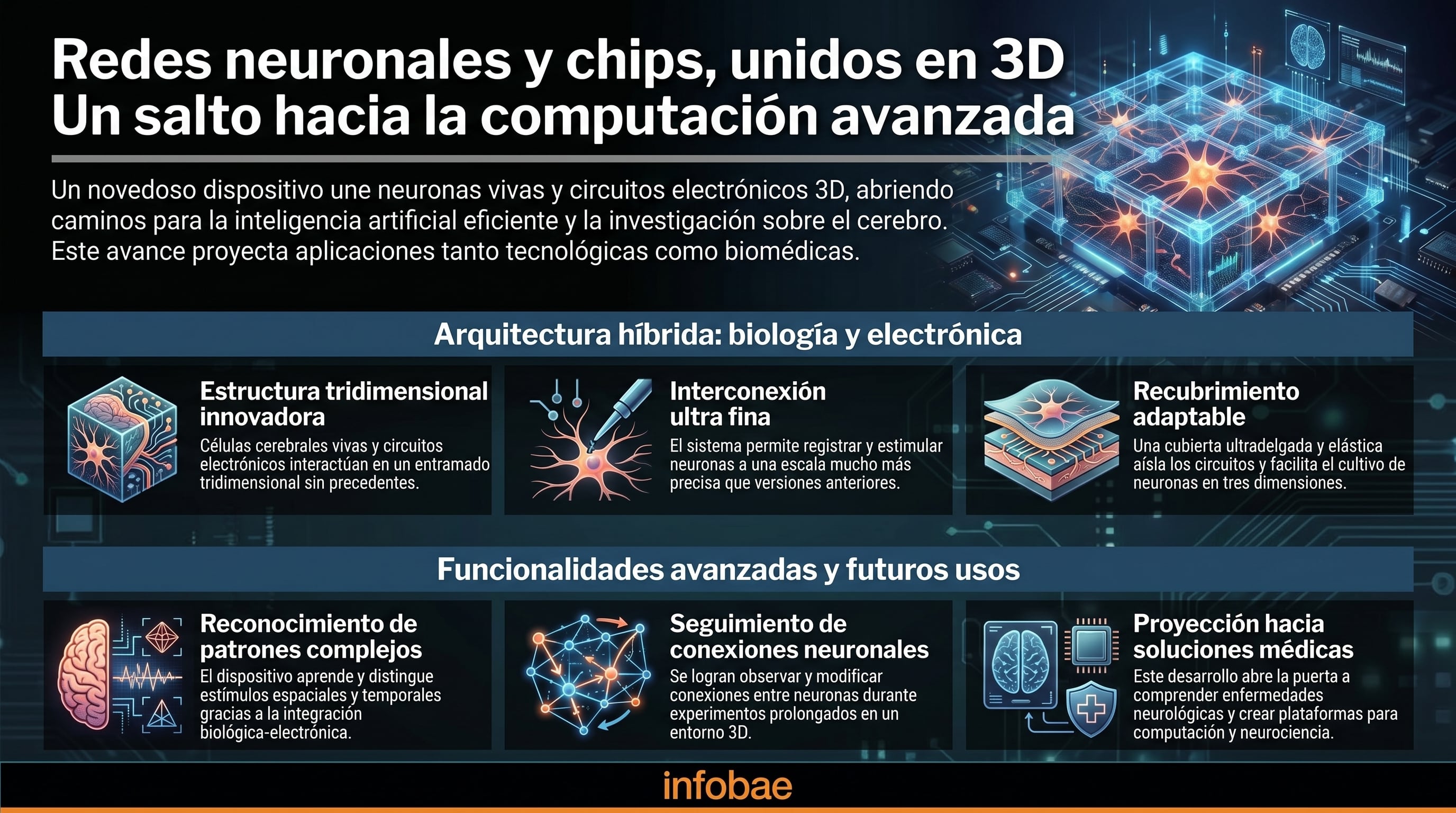 Esta infografía detalla cómo el innovador dispositivo tridimensional integra células cerebrales vivas con electrónica para una computación avanzada, prometiendo transformar el procesamiento de información y la inteligencia artificial (Imagen Ilustrativa Infobae)