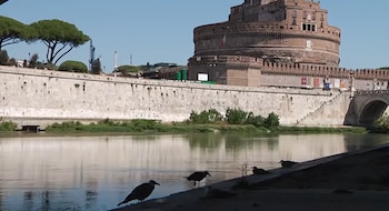 Río, aves acuáticas en la orilla, puente de arcos, muro de contención de piedra, edificación histórica de ladrillo, árboles y cielo azul