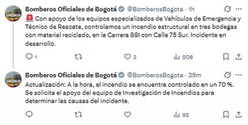 Reporte oficial del Cuerpo de Bomberos de Bogotá - crédito @BomberosBogota/X