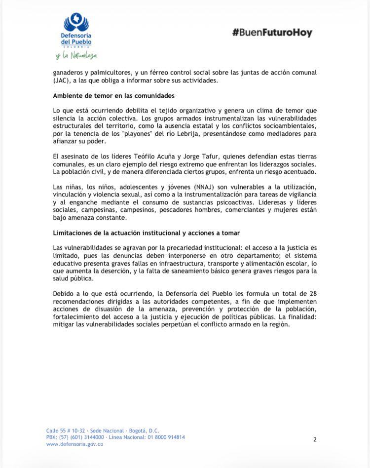 La Defensoría del Pueblo ha advertido sobre la gravedad de la situación en Rionegro, Santander, donde la disputa territorial entre grupos armados ilegales ha colocado a la población en un estado de vulnerabilidad extrema - crédito Defensoría del Pueblo