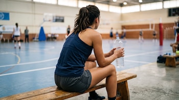 Joven de espaldas sentada en un banco de madera sosteniendo una botella transparente de agua dentro de un polideportivo.