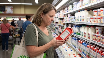 Una mujer con camiseta verde y un bolso de tela blanco con detalles verdes mira un cartón de leche rojo en un pasillo de supermercado con estantes de lácteos.