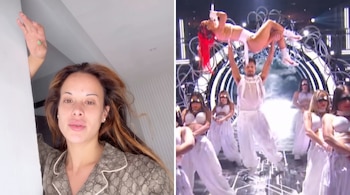 Un collage horizontal muestra a un grupo de artistas en un escenario con una cantante de cabello rojo siendo levantada y a una mujer con pijama.