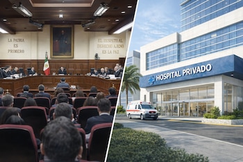 Sala de tribunal con jueces, bandera de México y público; fachada de hospital privado con letrero, ambulancia y palmera.