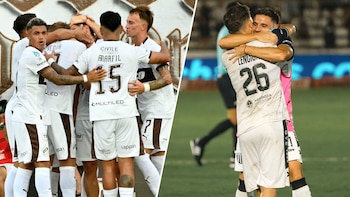 Imagen dividida: a la izquierda, grupo de jugadores de fútbol con camiseta blanca y marrón celebrando; a la derecha, dos jugadores con camiseta blanca abrazándose en el campo