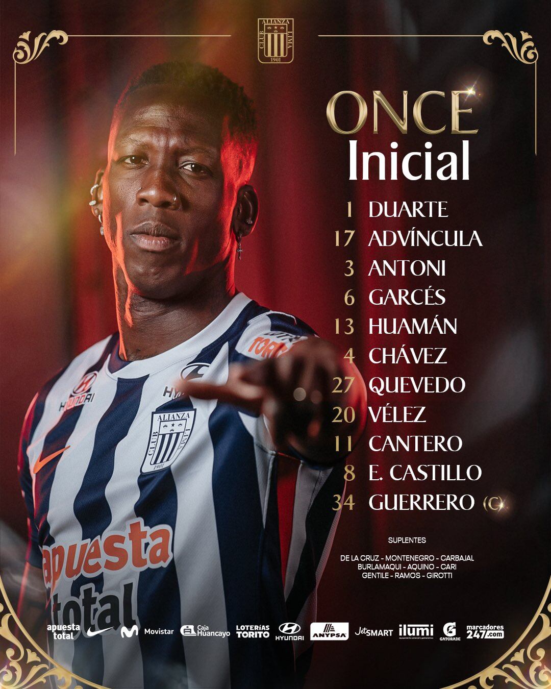 Once de Alianza Lima para el duelo ante Comerciantes Unidos - Crédito: Club Alianza Lima.