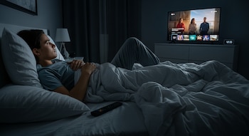 Un joven de cabello oscuro acostado en una cama con sábanas blancas, cubierto por un edredón, mirando una televisión encendida en una habitación oscura.