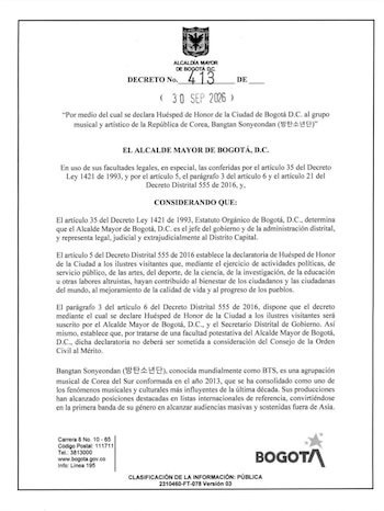 BTS fue declarado Huésped de Honor de Bogotá antes de sus dos conciertos en el estadio El Campín - crédito Alcaldía de Bogotá
