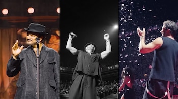 Collage de tres fotografías verticales. Un hombre con sombrero y micrófono; un hombre con brazos en alto y público; un hombre de espaldas con confeti.