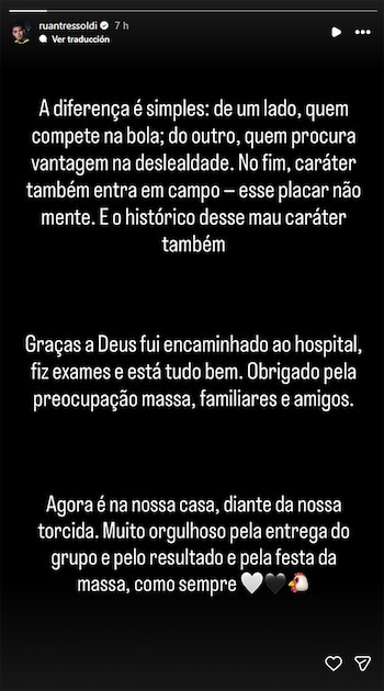 Captura de pantalla de una historia de Instagram del usuario ruantressoldi con tres párrafos de texto blanco sobre un fondo negro