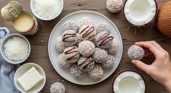 Plato de bombones de coco, algunos con chocolate, rodeado de cocos, coco rallado, leche condensada y queso crema sobre madera. Una mano sostiene un bombón.