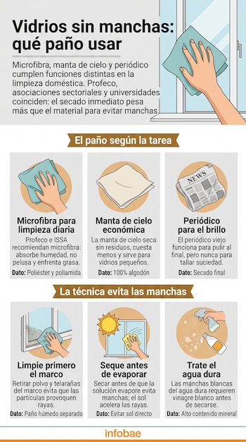 Infografía explicativa con ilustraciones sobre tres tipos de materiales y tres pasos para limpiar marcos, vidrios y marcas de agua dura.