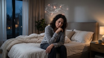 Una mujer en pijama gris está sentada en la cama de un dormitorio iluminado por una lámpara, con una representación de neuronas sobre su cabeza.